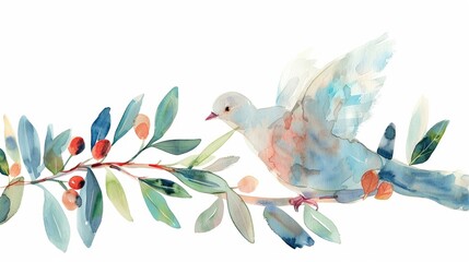 Dove and olive branch in delicate watercolor