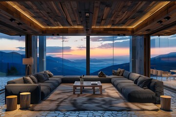 Obraz premium Luxury interior with panoramic windows and sunset view, modern large sofa with armchairs, carpet, stone floor and wooden ceiling. Design open living room with night lighting. 3d render