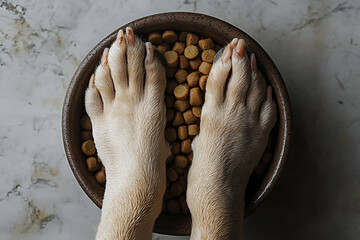 Obraz premium dog's paws next to a bowl filled with kibble, set against a vibrant background, highlighting pet care and feeding. 