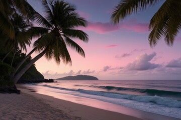 Twilight Beach Landscape with Rich Palm Canopies and Waves Reflecting Pink Sunset Sky