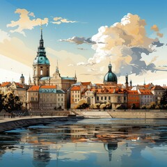 Obraz premium Vibrant Digital Art Depicting Warsaw's Architectural Landmarks