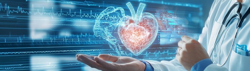 A cardiologist consulting with a patient using a holographic display to visualize heart health data, highlighting the integration of advanced technology in medical consultations