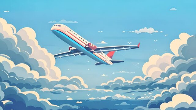 Minimalistic animation of an airplane flying against a pastel background, empty space for text, travel, tourism and airline promotions.