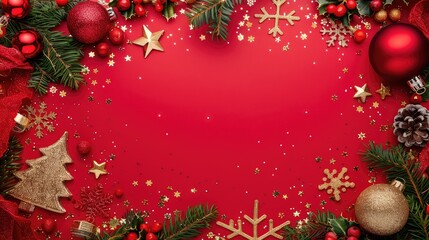 Christmas background with a red color and golden decoration, a gold frame border on the edges, with Christmas tree branches, snowflakes, stars, ornaments, holly leaves, and glitter dust on red paper. 