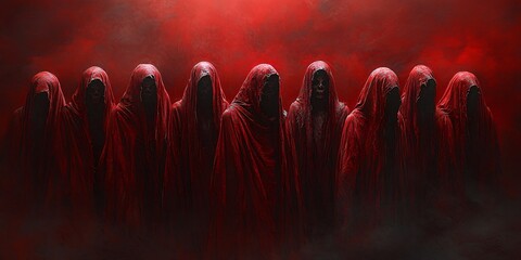 A haunting scene featuring hooded figures against a dark red background, perfect for Halloween themes and promotional materials for spooky events with copy space.