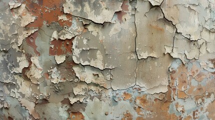 Naklejka premium A textured background showing the intricate details of cracked, weathered paint on an old wall, with layers of peeling color revealing the history beneath, a mix of earthy tones and the raw beauty of