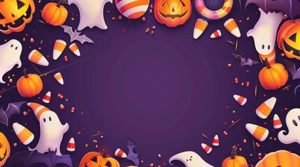 Halloween style wallpaper, dark purple background with orange decoration and large patterns such as pumpkins and bats frame, candy corn and spooky ghosts scattered around