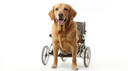 Disabled dog with a wheelchair replacement, copy and text space, 16:9