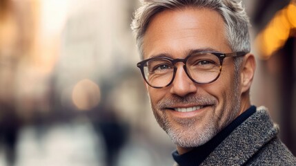 Fototapeta premium A close-up portrait of a smiling smart mature middle-aged man, a businessman wearing fashionable glasses and looking at the camera on a street background with a copy space.