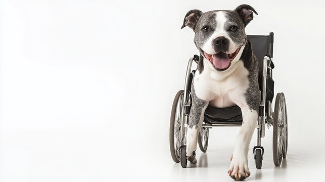 Disabled dog with a wheelchair replacement, copy and text space, 16:9