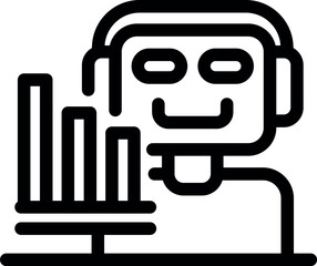 Chatbot is wearing headphones and analyzing a growing bar chart, suggesting its use in developing successful business strategies