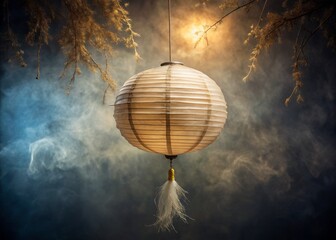 Obraz premium Photograph a delicate, handcrafted paper lantern suspended in mid-air amidst wispy, natural fibers, with gentle creases and subtle texture 