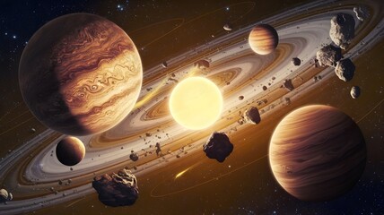 3D portrayal of superb huge scene with planets. Extraordinary electronic space craftsmanship in 5K - realistic visualization