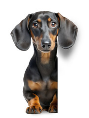 Black and tan dachshund dog peeking around the corner isolated on transparent background