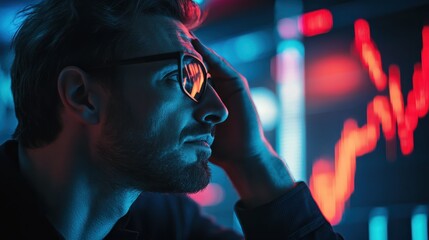 A stressed man holding his head, looking at fluctuating stock market charts on a screen, representing financial crisis or stock market crash.
