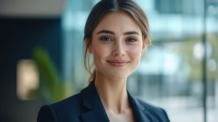 Obraz premium A woman in a business suit is smiling and looking directly at the camera
