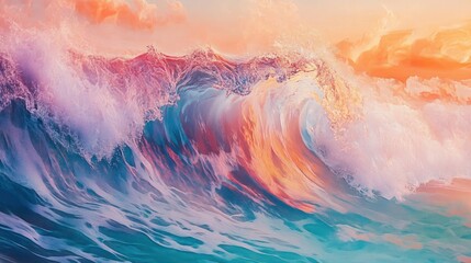 Fototapeta premium An abstract background depicting the rhythmic movement of water as it crashes against the shore, creating a blend of hues and forms resembling a sea surf wave..illustration stock image