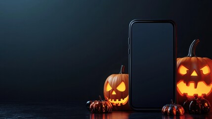 Big phone mock up black empty blank screen Happy Halloween pumpkins black background, Haloween mobile digital online shopping cellphone app sale promo offer spooky scary ads, smartphone mockup.