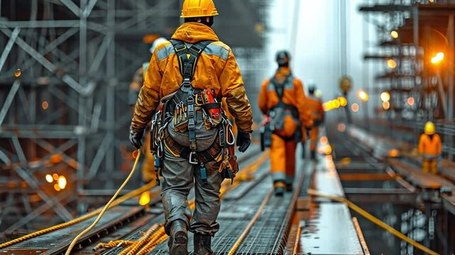 employees on construction sites donning equipment-protective safety harnesses with rope access