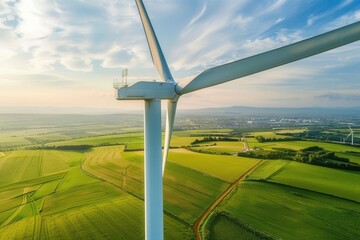 Obraz premium Aerial View of Wind Turbine Overlooking Green Fields