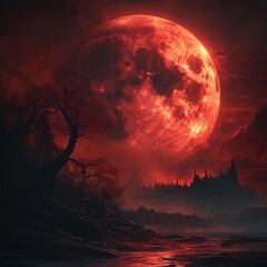 Closeup of a bloodred moon rising over a haunted landscape, evoking a chilling, spooky Halloween night