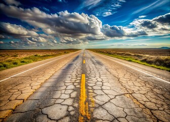 Acutely angled camera captures worn highway slicing through arid Texan landscape, revealing intricate map markings etched into the desolate terrain.