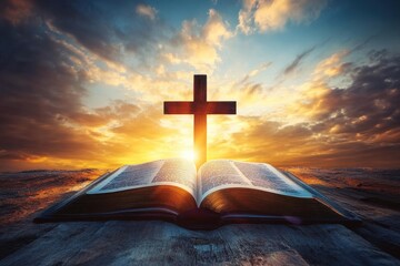 A book is open to a page with a cross on it