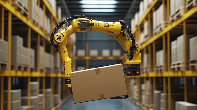 yellow robotic arm carry cardboard box in warehouse