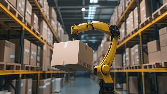 yellow robotic arm carry cardboard box in warehouse