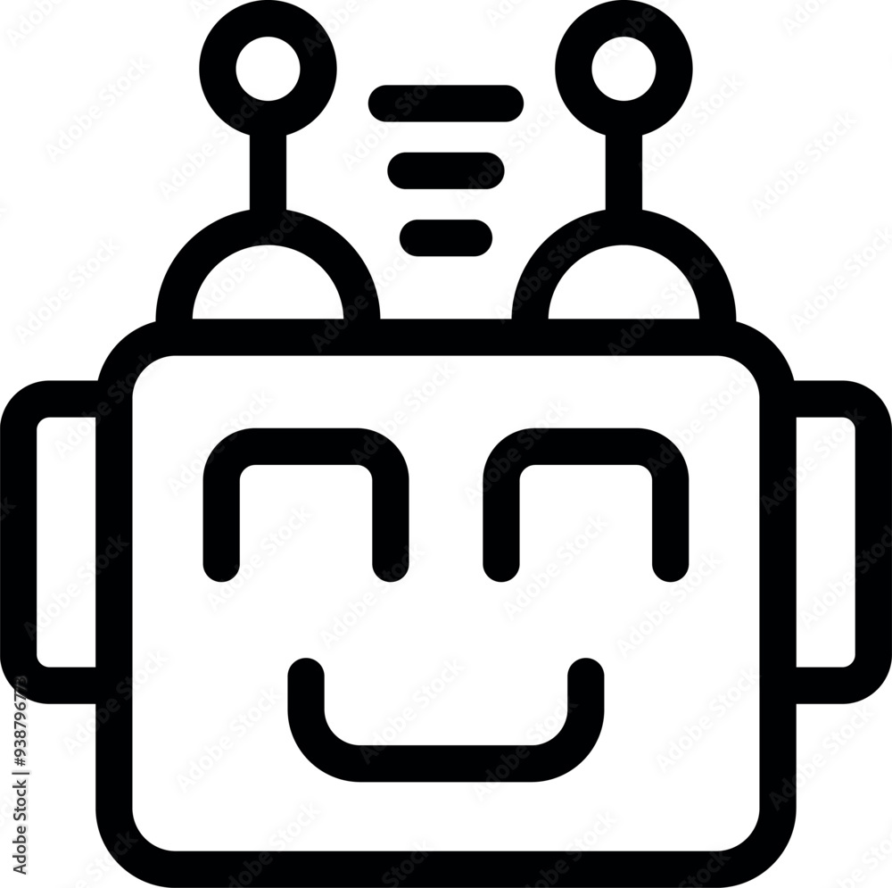 Sticker robot face showing positive emotions with antennae receiving signals, in black and white line art