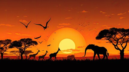 Naklejka premium Silhouette African Safari Animal Landscape Scene.