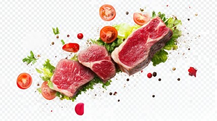 Collection of PNG. Falling steak salad ingredients, sliced beefsteak, food packaging concept isolated on a transparent background.