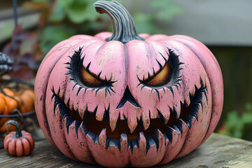 A scary pink Halloween pumpkin jack o'lantern, perfect for spooky decorations and trick or treat events.