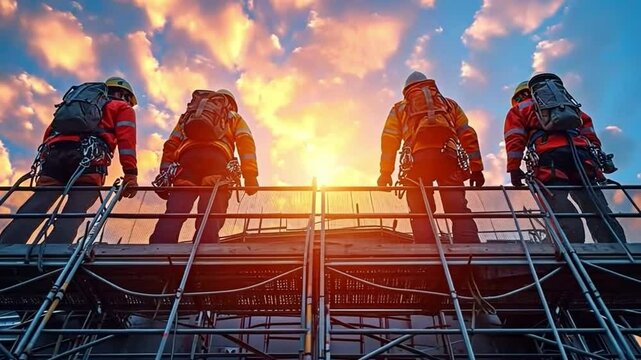 employees on construction sites donning equipment-protective safety harnesses with rope access