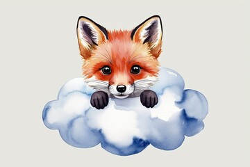 Fototapeta premium Charming Baby Fox Peeking from Fluffy Cloud in Watercolor Design