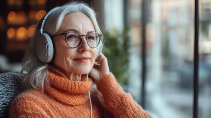 A woman wearing glasses and headphones is sitting on a couch