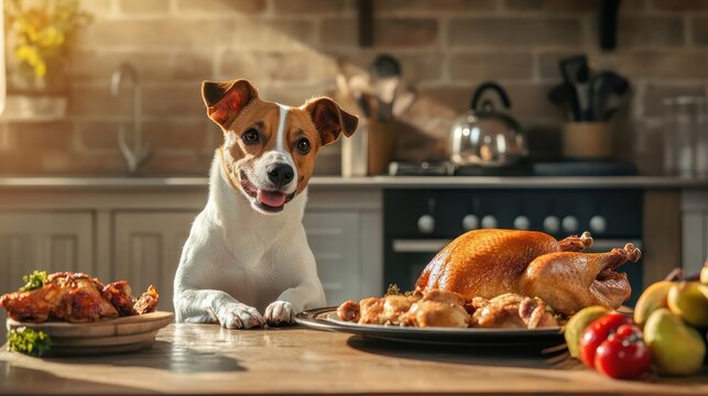 Dog sitting in front of kitchen table with roasted chicken or turkey