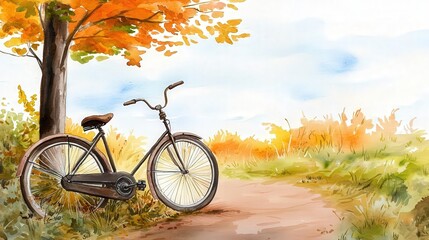 Fototapeta premium A serene autumn scene featuring a parked bicycle beside a winding path under vibrant foliage.