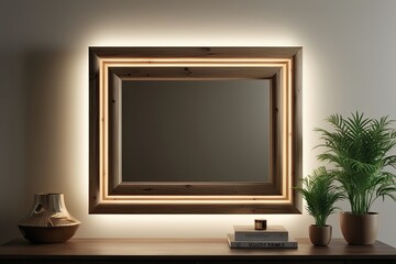 Fototapeta premium Elegant Wooden Frame with Soft Ambient Lighting in Realistic 3D Visualization