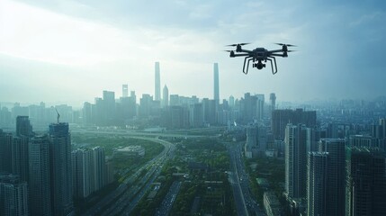 A drone flying over a vast urban landscape, capturing high-resolution footage of skyscrapers, highways, and green spaces, showcasing the use of drone technology in modern urban planning and