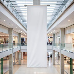 Mall hanging banner mockup. Blank white vertical indoor advertising poster sign billboard template design in shopping center or supermarket. AI generated