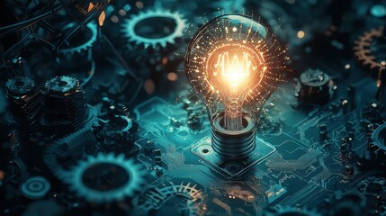 A glowing lightbulb surrounded by mechanical gears and digital circuits, symbolizing the fusion of bright ideas and technological innovation, set against a dark background to emphasize the light and