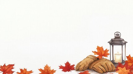 A cozy autumn scene featuring fall leaves, a lantern, and freshly baked bread, perfect for seasonal warmth and comfort.