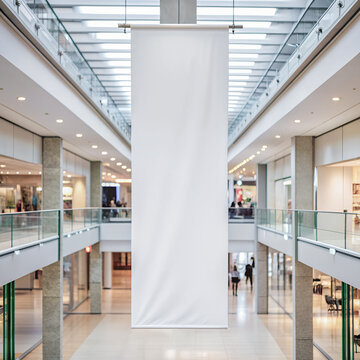 Mall hanging banner mockup. Blank white vertical indoor advertising poster sign billboard template design in shopping center or supermarket. AI generated