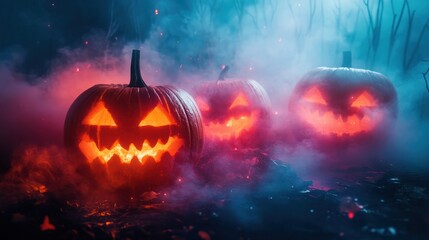 Naklejka premium Foggy Night with Launched Pumpkins. Halloween background