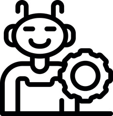 Line art icon of a smiling robot holding a gear, representing the concept of artificial intelligence