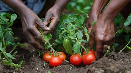 Fototapeta premium Hands gathering ripe red tomatoes crop near the ground