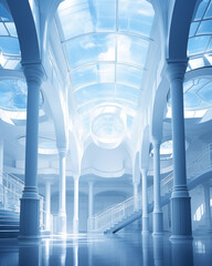 Obraz premium architectural building Exquisite castle interior, blue rays, large library, anime style.