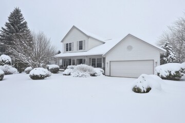 photo of beautiful suburban house covered in snow, with a perfect landscape and architecture 