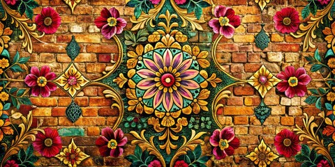 Fototapeta premium Vibrant floral patterns overlay intricate geometric designs on a distressed, weathered brick wall, radiant gold accents dancing across the textured surface. Moody, rustic, eye-level shot 